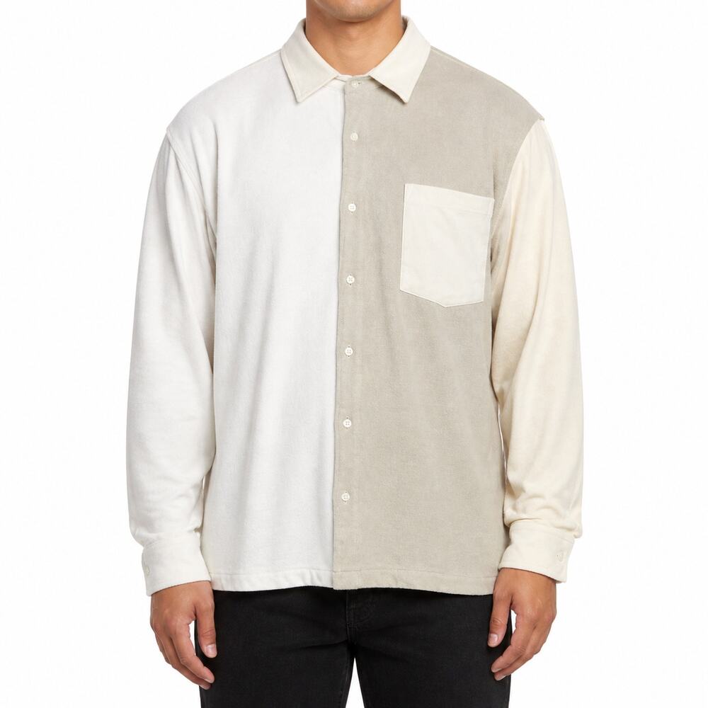 Zara Shirt Mens XL Colorblock Beige White Terry Cloth Towel Long Sleeve